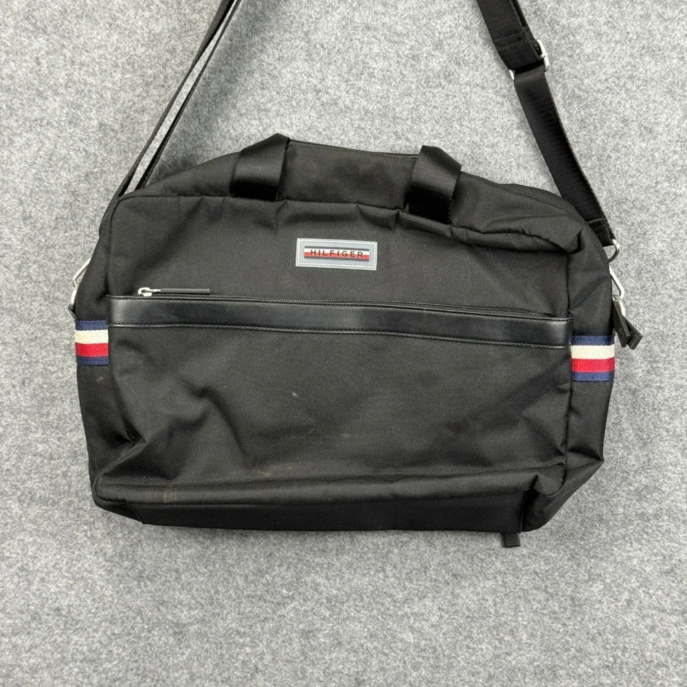 Tommy Hilfiger Mens Black Canvas‎ Messenger Bag Laptop Crossbody Stripe Accent